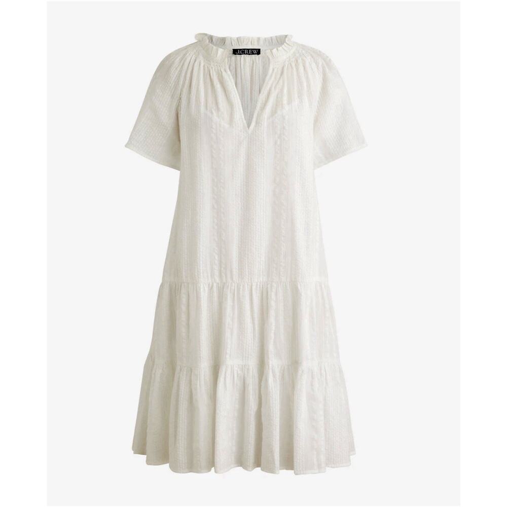 NEW J. Crew White Cotton Dobby Ruffle Trim Tiered Mini Dress Womens M BR466